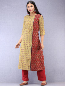 Olive Green Red Black Ajrakh Hand Block Printed Kurta With Front Slit  - K61F1628