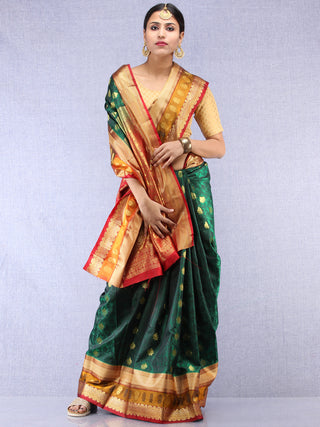 Banarasee Art Silk Saree With Resham Zari Weave - Bottle Green Maroon & Gold - S031704385