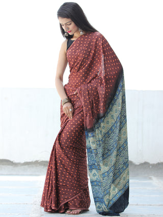 Brown Rust Black Green Bandhej Modal Silk Saree With Ajrakh Printed Pallu & Blouse - S031703877