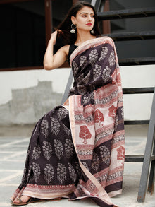 Black Beige Maroon Bagh Hand Block Printed Maheswari Silk Saree - S031703823