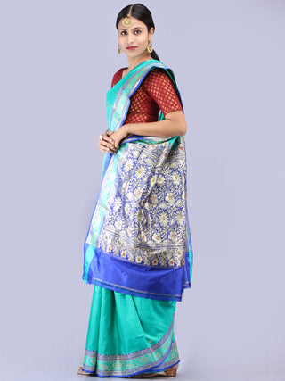 Banarasee Katan Silk Handloom Saree With Zari Work - Sea Green Blue Silver - S031704294