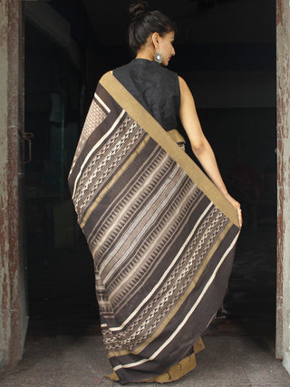 Light Brown Ivory Black Chanderi Silk Hand Block Printed Saree With Geecha Border - S031704005