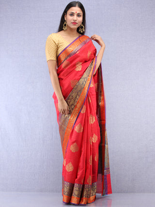 Banarasee Cotton Silk Saree With Zari Work - Coral Red Gold & Purple - S031704406