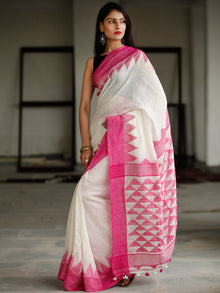 White Pink Handwoven Linen Jamdani Saree With Tassels - S031703778