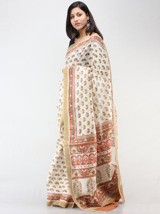 White Rosewood Green Chanderi Hand Block Printed Saree With Geecha Border - S031704460