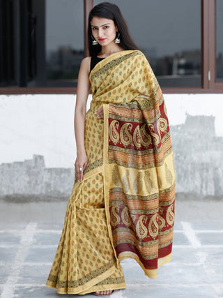 Yellow Maroon Black Bagh Hand Block Printed Maheswari Silk Saree With Resham Border - S031703832