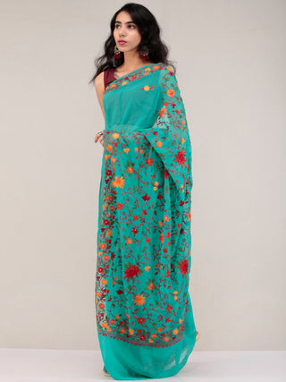 Teal Green Aari Embroidered Georgette Saree From Kashmir - S031704629