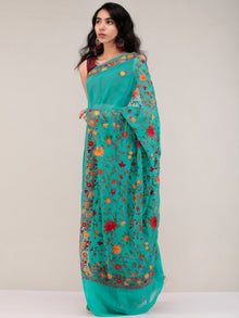 Teal Green Aari Embroidered Georgette Saree From Kashmir - S031704629