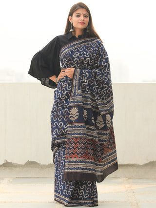 Indigo Ivory Rust Hand Block Printed  Cotton Mul Saree - S031704104
