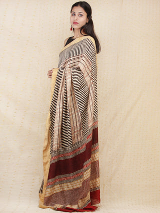 Beige Red Black Hand Block Printed Handwoven Linen Saree With Zari Border - S031704158