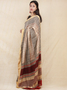 Beige Red Black Hand Block Printed Handwoven Linen Saree With Zari Border - S031704158