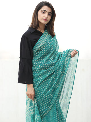 Sea Green Ivory Hand Block Printed Kota Doria Saree  - S031704074