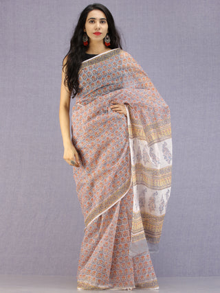 Grey Coral Teal Hand Block Printed Kota Doria Saree - S031704589