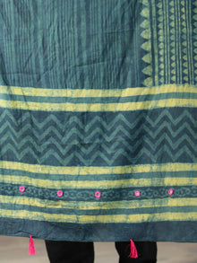 Deep Indigo Green Cotton Hand Block Printed Dupatta With Mirror Work & Tassels - D04170401