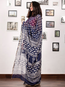 Indigo White Hand Block Printed Chiffon Saree with Zari Border - S031703159