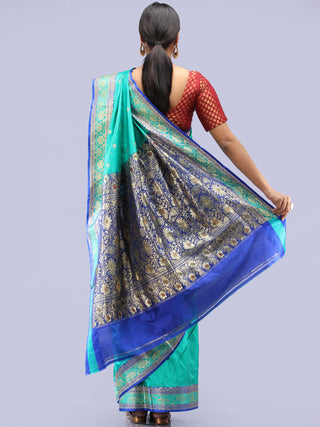 Banarasee Katan Silk Handloom Saree With Zari Work - Sea Green Blue Silver - S031704294