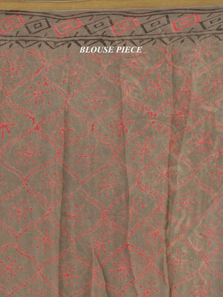 Grey Green Pink Hand Block Printed Chiffon Saree With Zari Border - S031704688