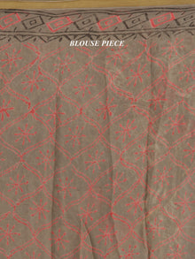 Grey Green Pink Hand Block Printed Chiffon Saree With Zari Border - S031704688