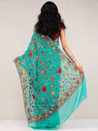 Teal Green Aari Embroidered Georgette Saree From Kashmir - S031704629