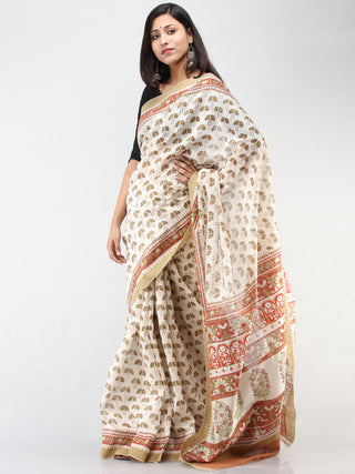 White Rosewood Green Chanderi Hand Block Printed Saree With Geecha Border - S031704460