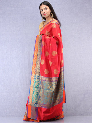 Banarasee Cotton Silk Saree With Zari Work - Coral Red Gold & Purple - S031704406