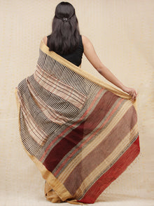 Beige Red Black Hand Block Printed Handwoven Linen Saree With Zari Border - S031704158