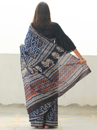 Indigo Ivory Rust Hand Block Printed  Cotton Mul Saree - S031704104