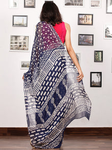 Indigo White Hand Block Printed Chiffon Saree with Zari Border - S031703159