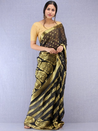 Banarasee Chiffon Saree With Golden Zari Weave - Black & Gold - S031704361