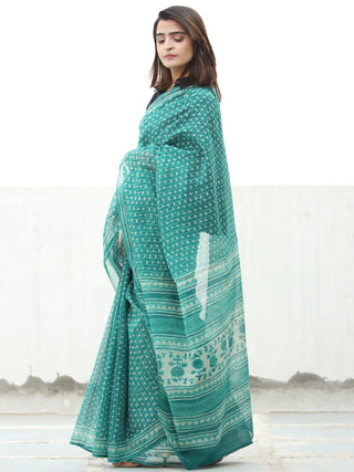 Sea Green Ivory Hand Block Printed Kota Doria Saree  - S031704074