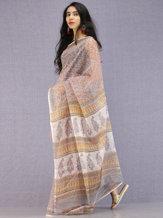 Grey Coral Teal Hand Block Printed Kota Doria Saree - S031704589