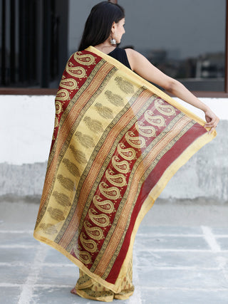 Yellow Maroon Black Bagh Hand Block Printed Maheswari Silk Saree With Resham Border - S031703832
