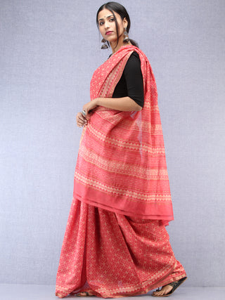 Pink Ivory Hand Block Printed Maheshwari Silk Saree With Zari Border - S031704485