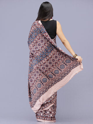 Ivory Red Indigo Ajrakh Hand Block Printed Modal Silk Saree - S031704184