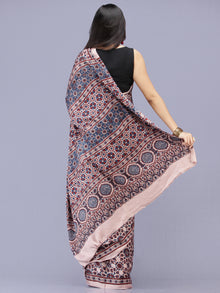 Ivory Red Indigo Ajrakh Hand Block Printed Modal Silk Saree - S031704184