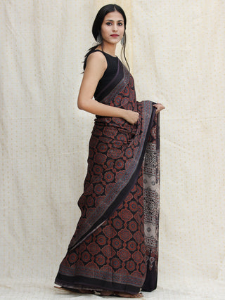 Maroon Black Indigo Ajrakh Hand Block Printed Modal Silk Saree - S031704121