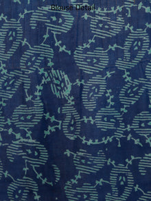 Royal Blue Coral Green Hand Block Printed Chiffon Saree with Zari Border - S031703238
