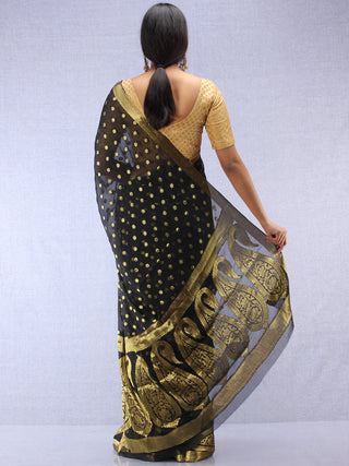 Banarasee Chiffon Saree With Golden Zari Weave - Black & Gold - S031704361