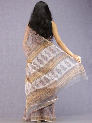 Grey Coral Teal Hand Block Printed Kota Doria Saree - S031704589