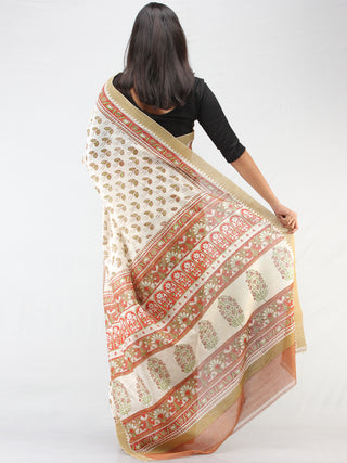 White Rosewood Green Chanderi Hand Block Printed Saree With Geecha Border - S031704460