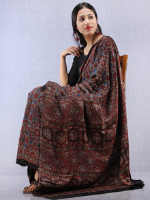 Maroon Beige Black Indigo Ajrakh Hand Block Printed Modal Silk Saree - S031704449