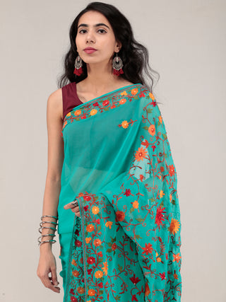 Teal Green Aari Embroidered Georgette Saree From Kashmir - S031704629