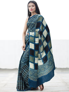 Indigo Black Green Ivory Ajrakh Hand Block Printed Modal Silk Saree in Natural Colors - S031703700