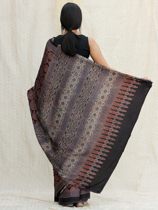 Maroon Black Indigo Ajrakh Hand Block Printed Modal Silk Saree - S031704121
