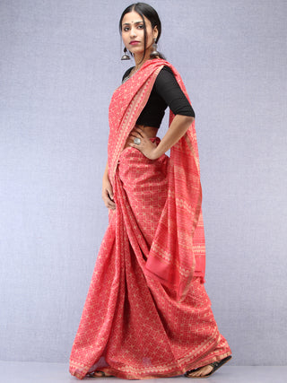 Pink Ivory Hand Block Printed Maheshwari Silk Saree With Zari Border - S031704485