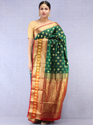 Banarasee Art Silk Saree With Resham Zari Weave - Bottle Green Maroon & Gold - S031704385