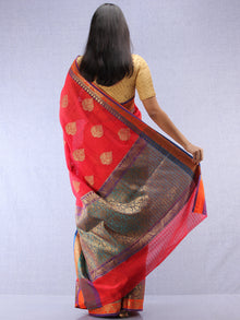 Banarasee Cotton Silk Saree With Zari Work - Coral Red Gold & Purple - S031704406