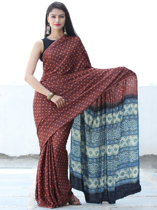 Brown Rust Black Green Bandhej Modal Silk Saree With Ajrakh Printed Pallu & Blouse - S031703877