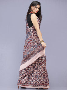 Ivory Red Indigo Ajrakh Hand Block Printed Modal Silk Saree - S031704184