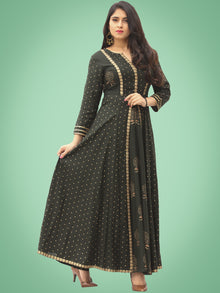 Zafra - Green Gold Printed Long Panel Dress - D397FDDD